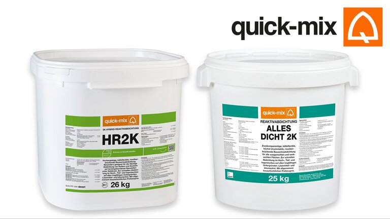 Zwei weiße Eimer von quick-mix: links HR2K 26 kg, rechts ALLES DICHT 2K 25 kg – Abdichtungsprodukte für Bauwerksabdichtung.